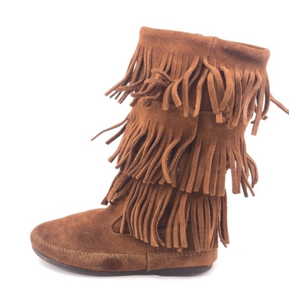 Minnetonka 1632 3 - Layer Fringe Moccasin Boots Size 7 - Picture 1 of 10